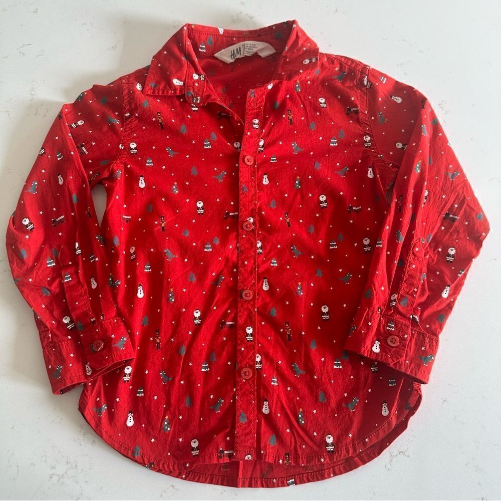 H&M Christmas Toddler Boy Button Up Shirt Size 3/4 Santa Dinosaur Snowman Red
